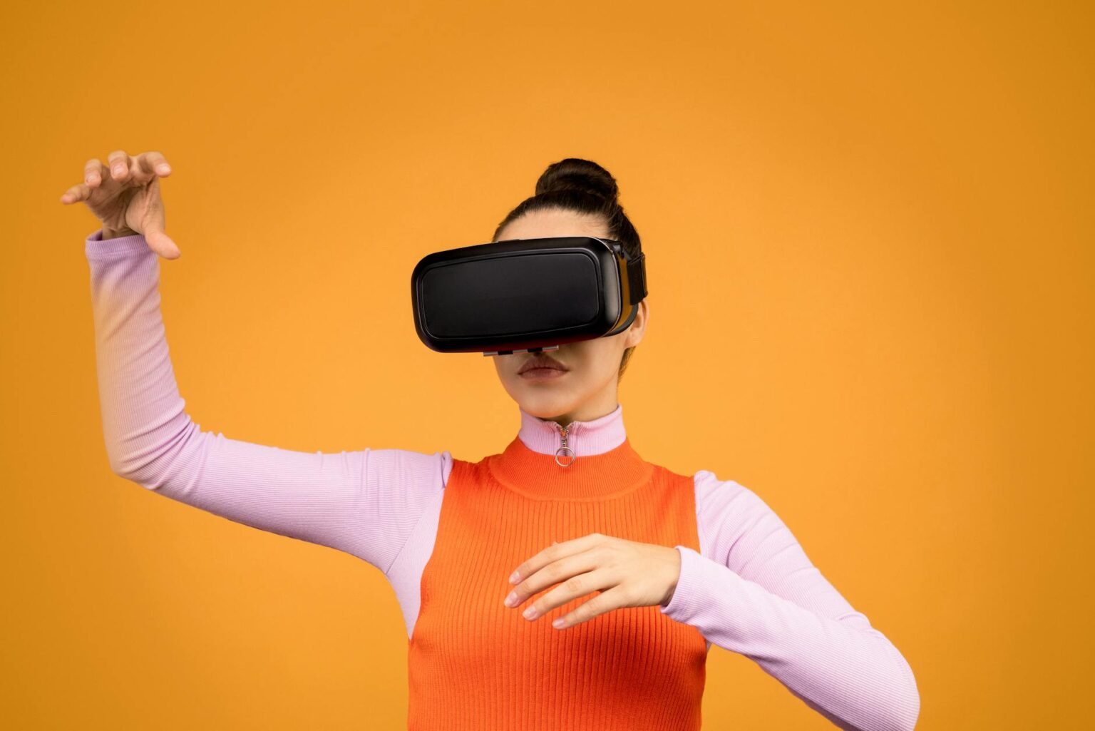 Person wearing virtual reality headset demonstrating mixed reality technology