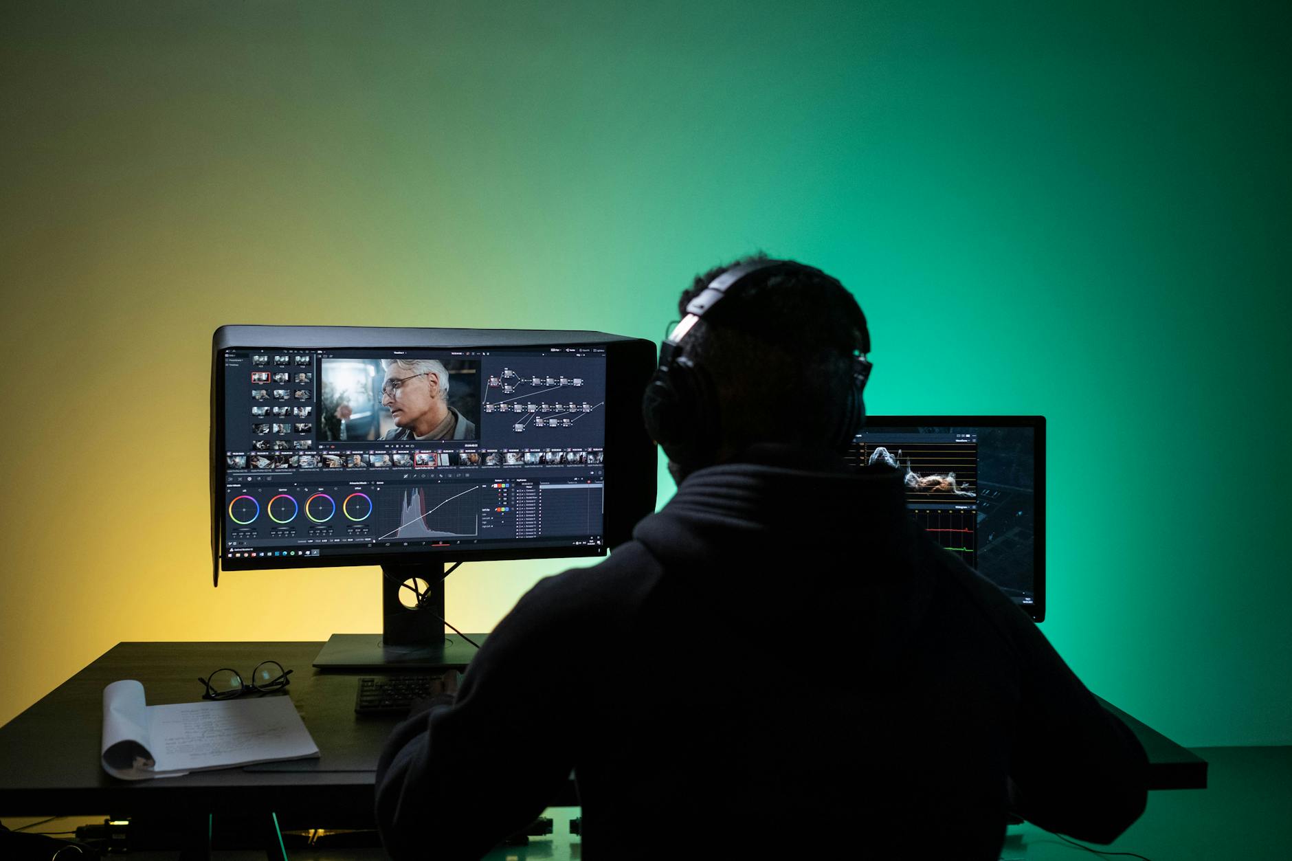 Content creator working on video editing software on computer screen