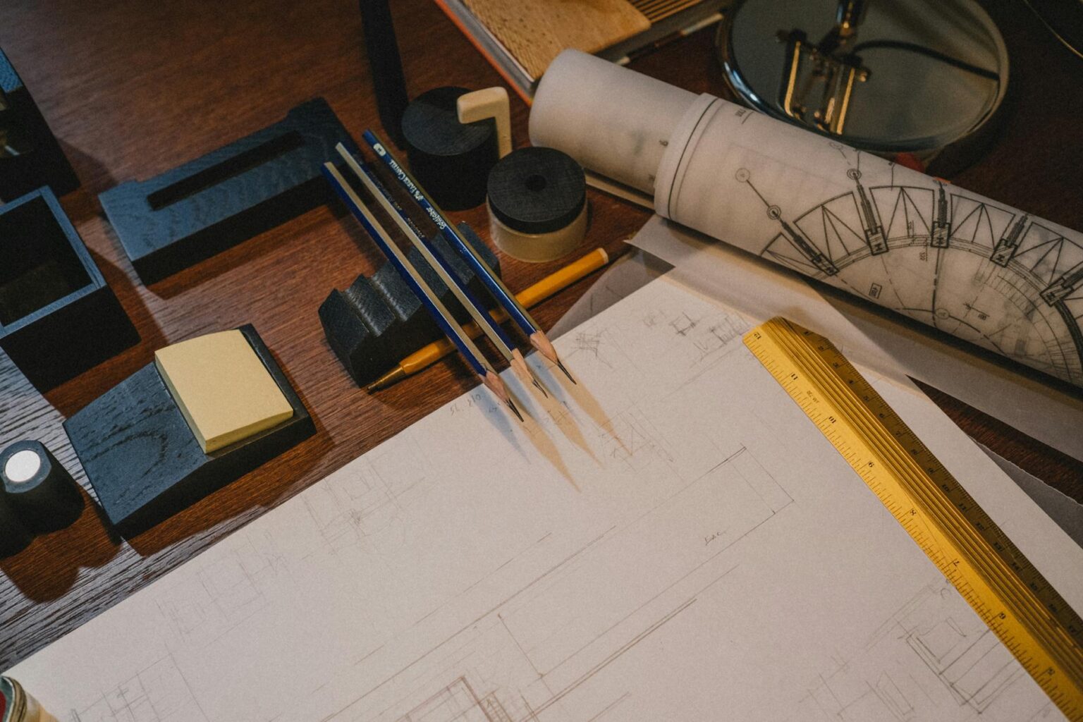 A clean modern design workspace with a computer monitor showing UI design tools