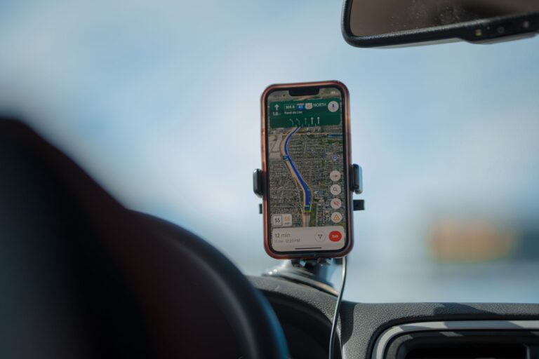 Close-up of a smartphone displaying a digital map navigation application