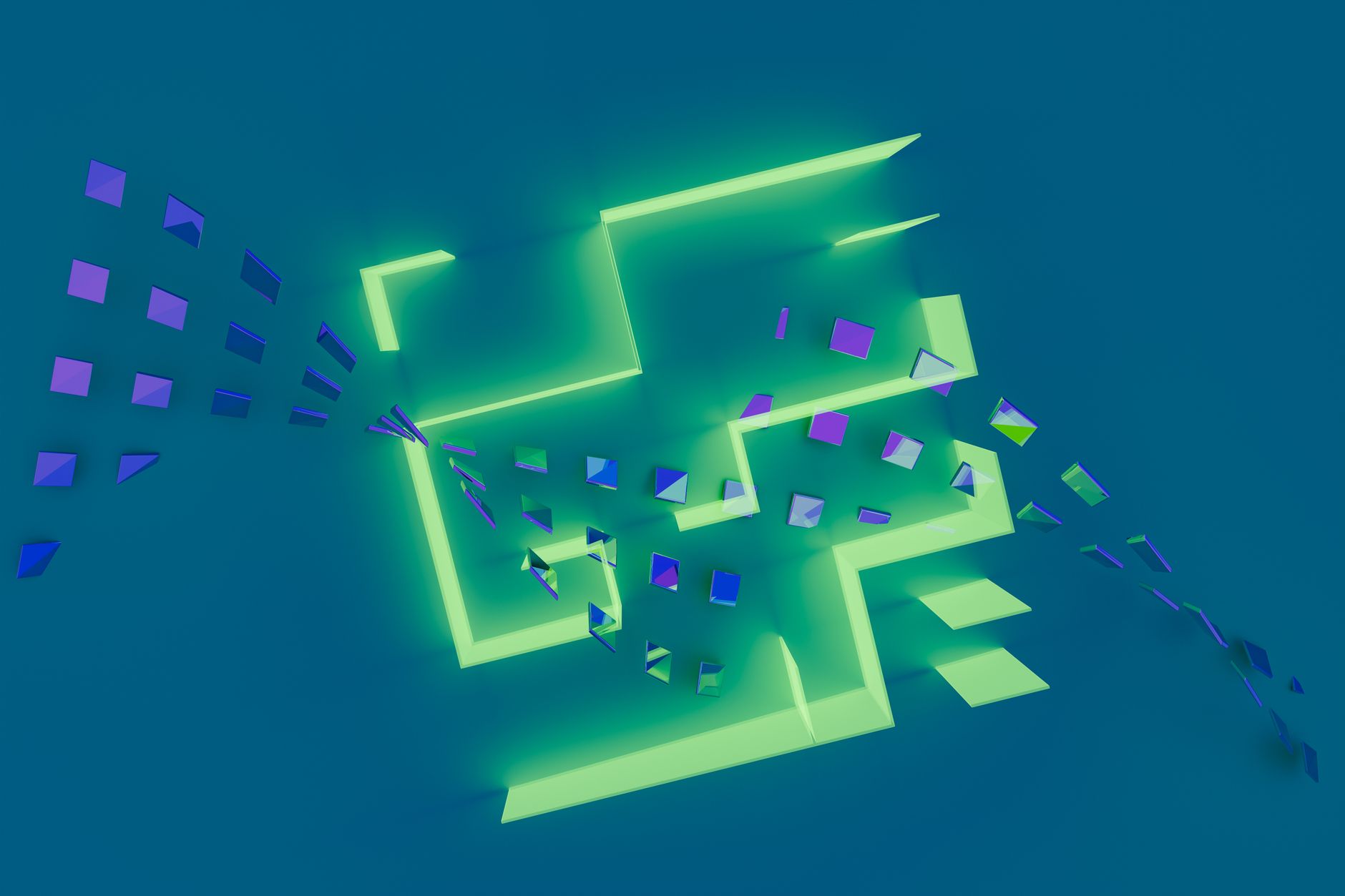 Abstract visualization of competing digital platforms with glowing interface elements