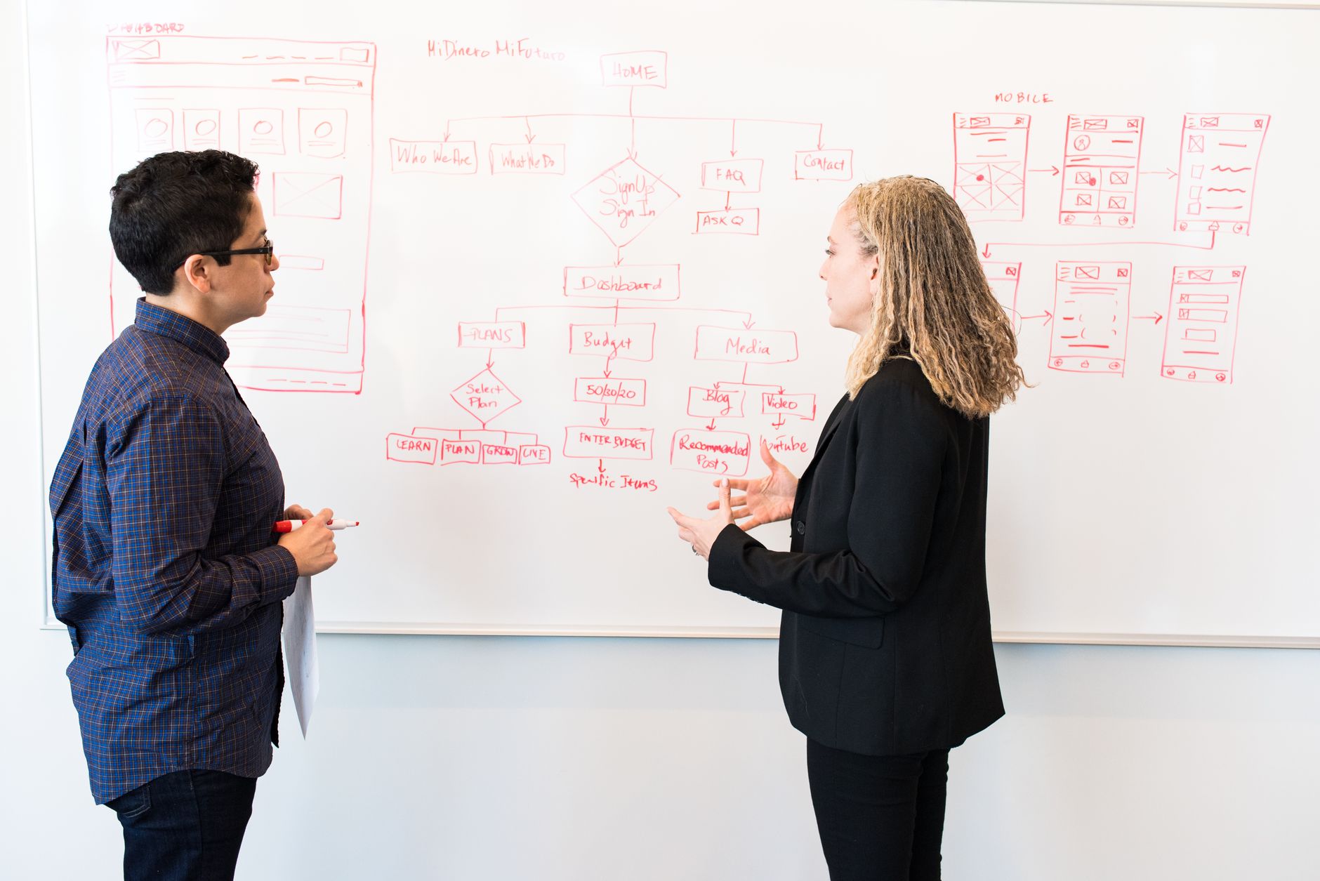 Creative professionals reviewing design work on monitors in a modern studio environment