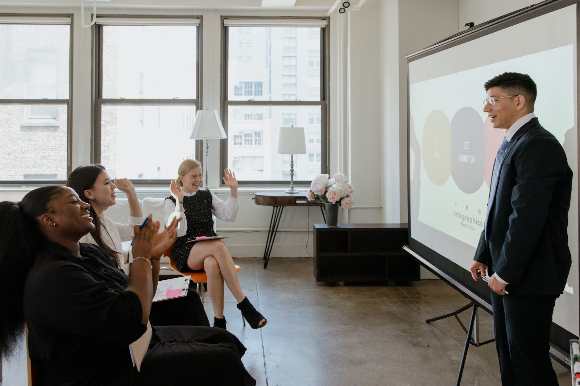 Entrepreneur presenting slides to investors in a modern office meeting room