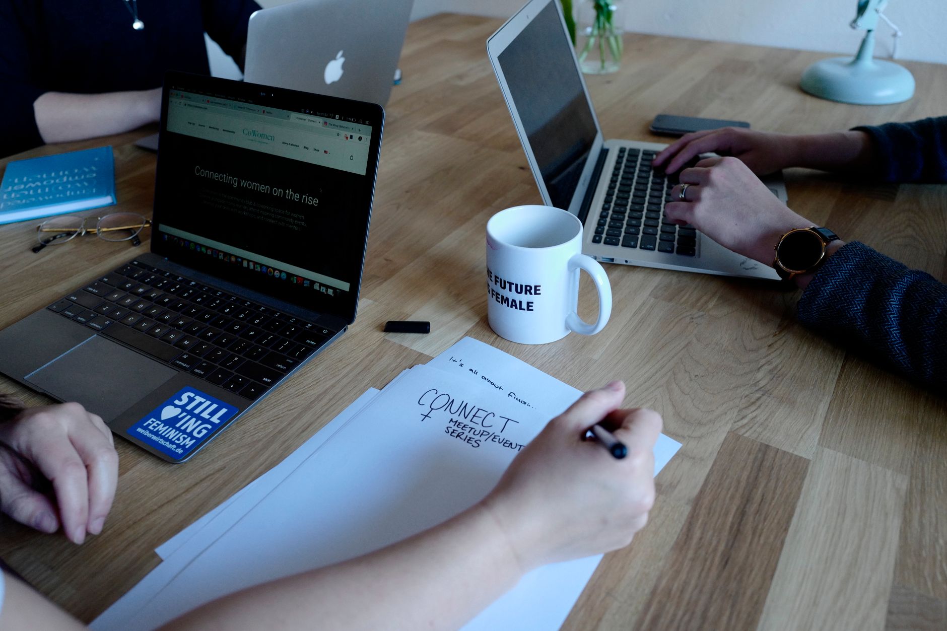 A modern startup workspace with a computer screen and minimalist desk setup